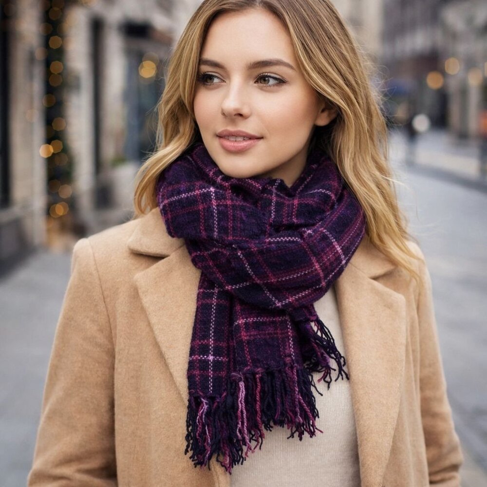 Relativity Plaid Scarf Berry Fringe Woven Soft Winter Wrap One Size Cozy Layer